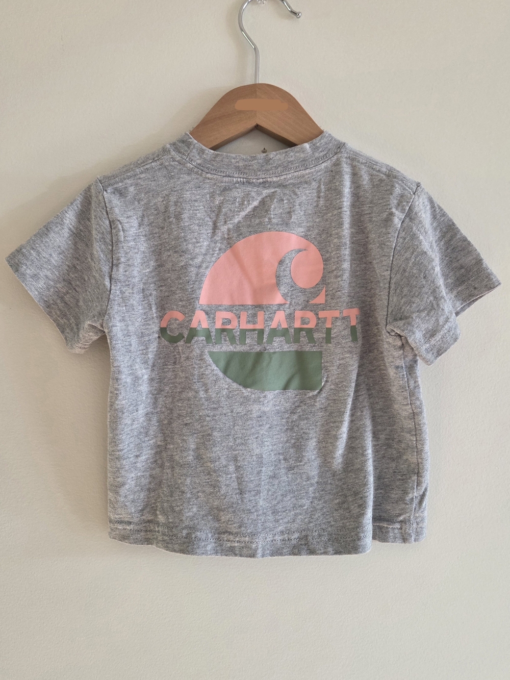 Carhartt Kids Gray Tee with Pink & Green Logo Back Graphic